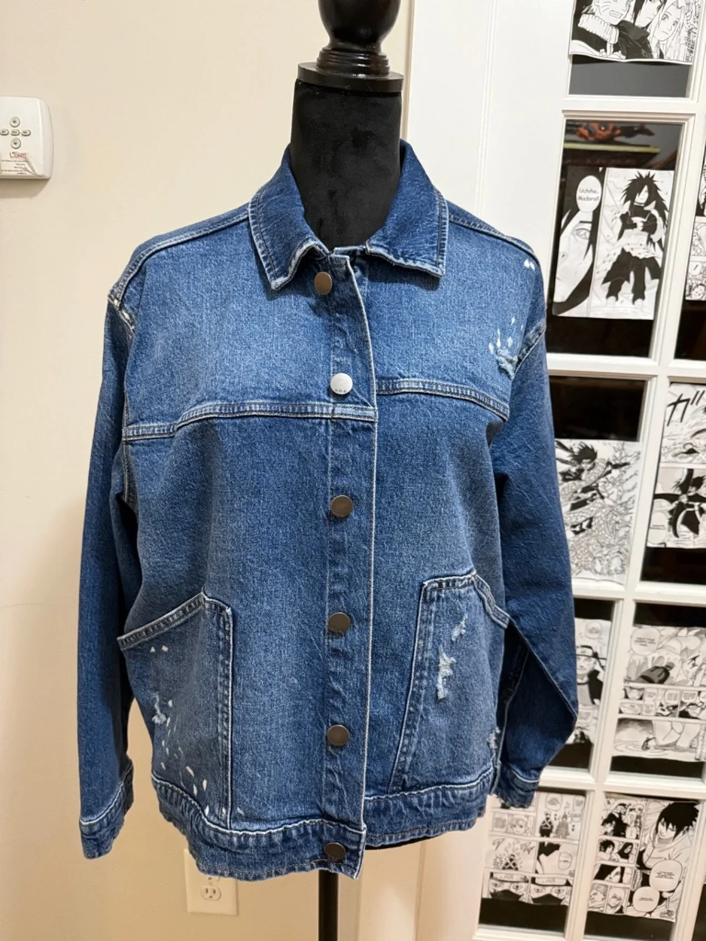 a.n.a. Women’s Distressed Blue Denim Jacket with Paint-Splatter Detail - Picture 6 of 10